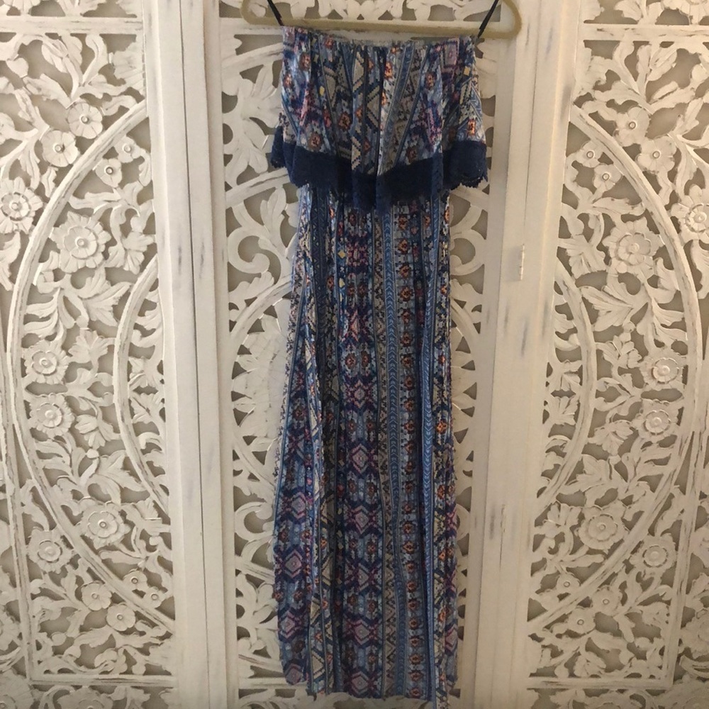 Strapless flutter top southwest maxi dress